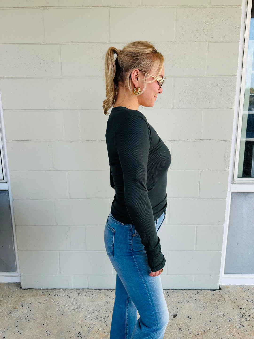 Surina Deep V Long Sleeve Tee - Pacific