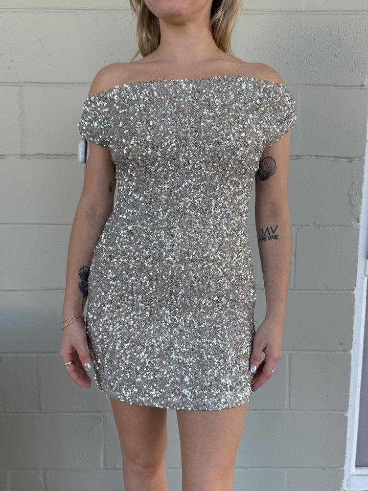 Sequin Off The Shoulder Mini Dress - Champagne/Silver