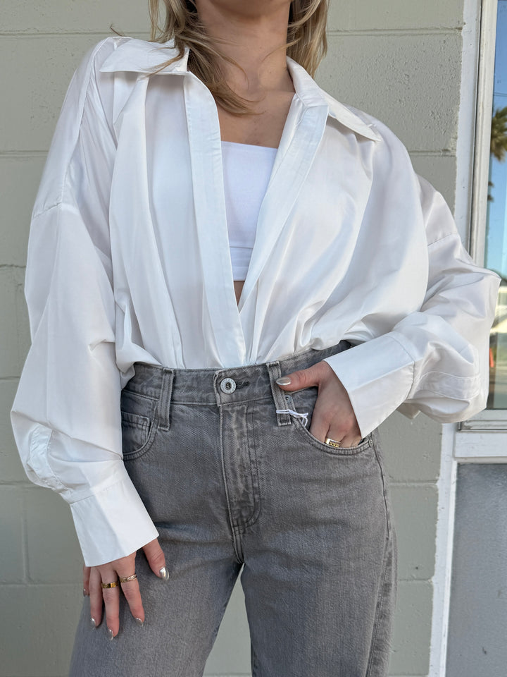 Long Sleeve Shirting Bodysuit - White