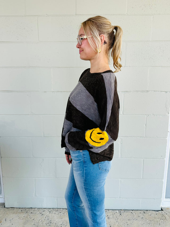 Happy Face Stripe Knit Sweater - Elephant