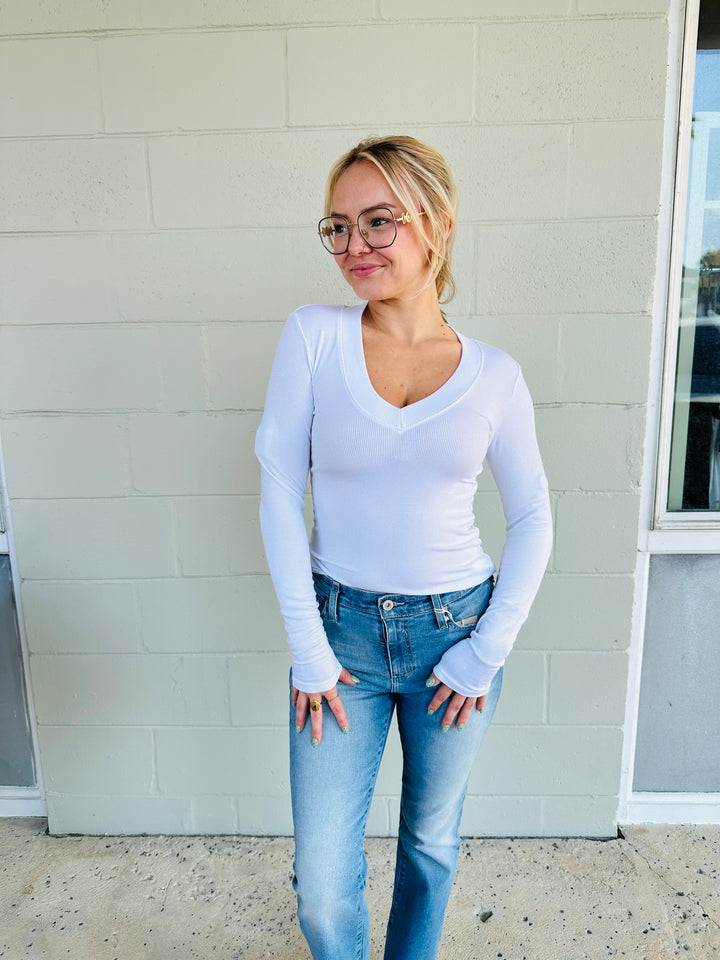 Surina Deep V Long Sleeve Tee - White