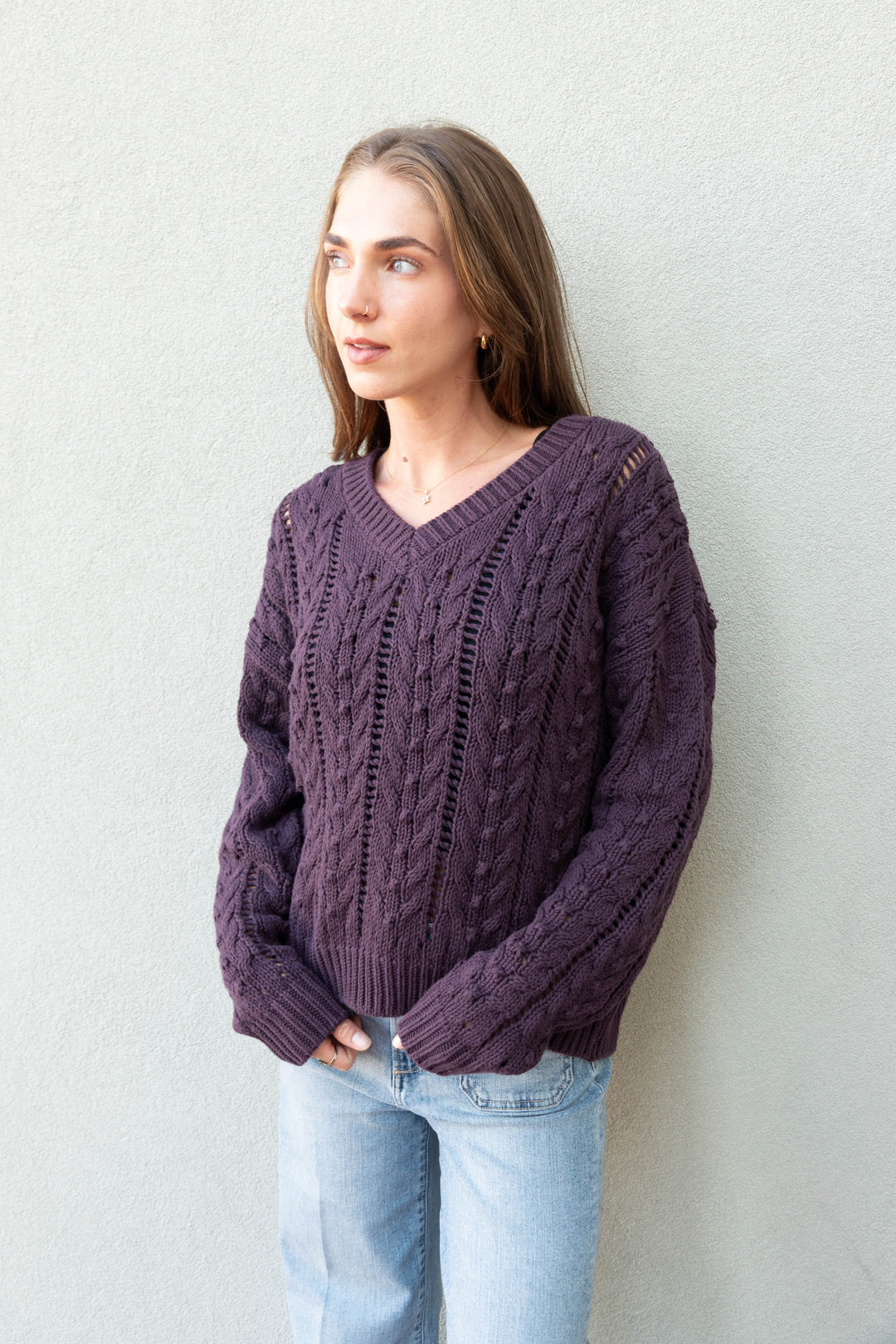 Cal V Neck Pullover - Plum