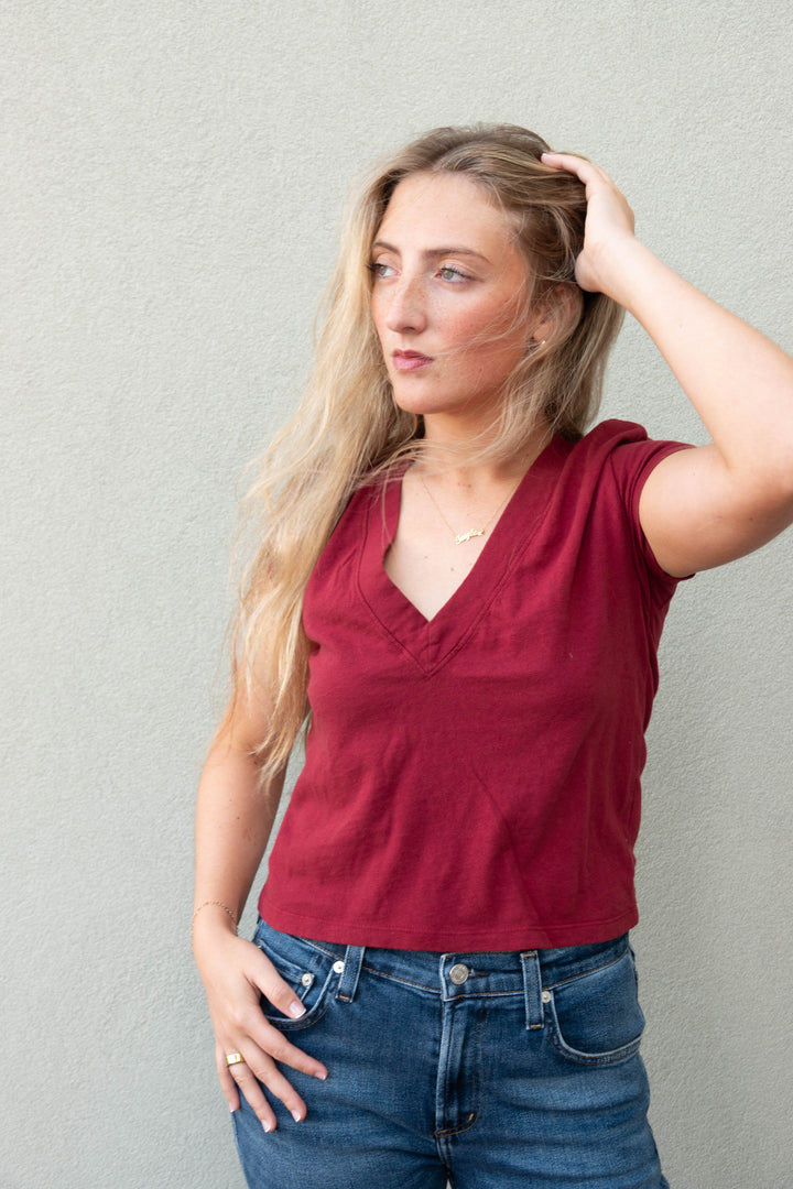 Alanis V Neck Tee - Ruby Red