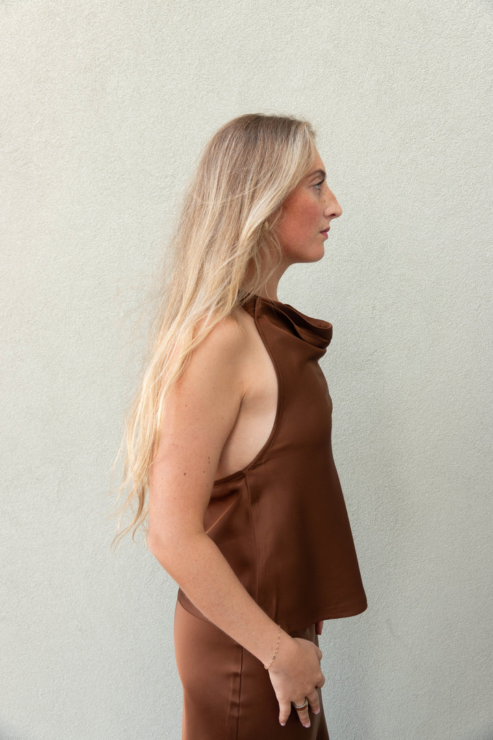 Satin Tie Halter Top - Toast