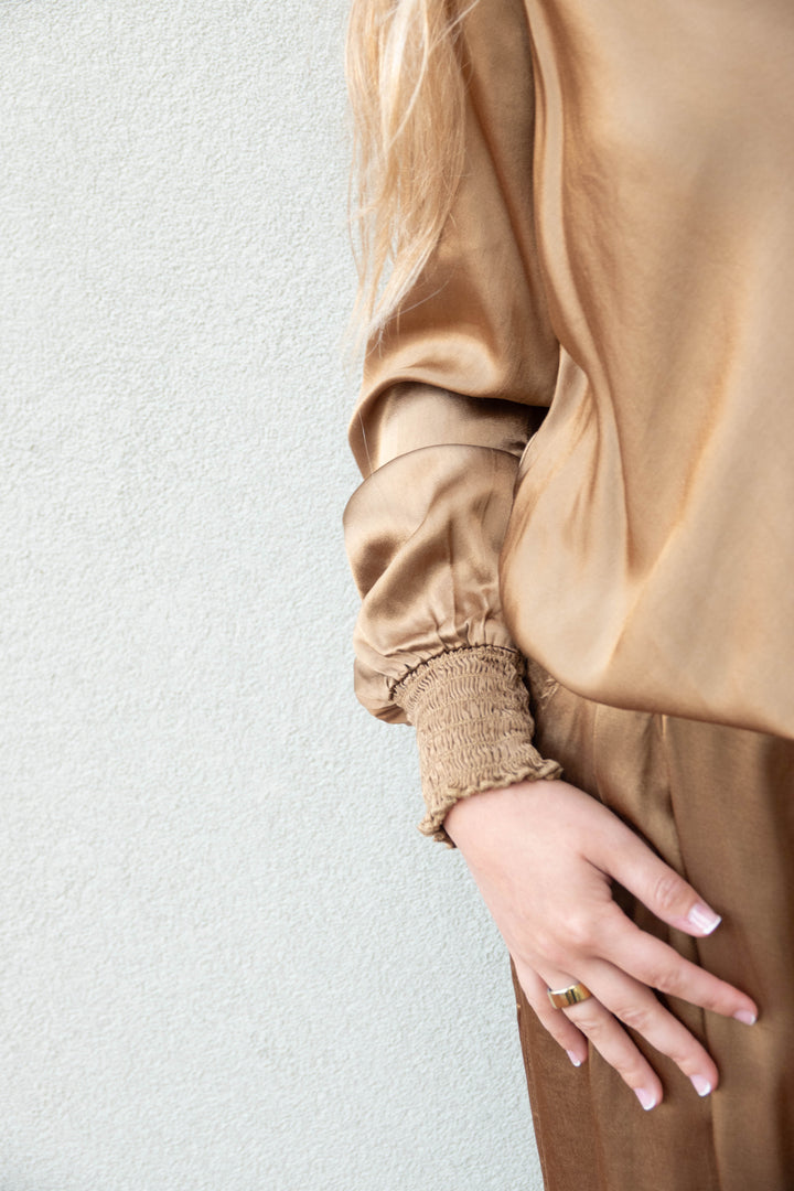 Margaret Smocked Sleeve Bubble Hem Top - Gold