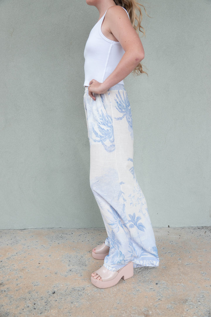 Linen Wide Leg Pant - Tropical Palm Blue