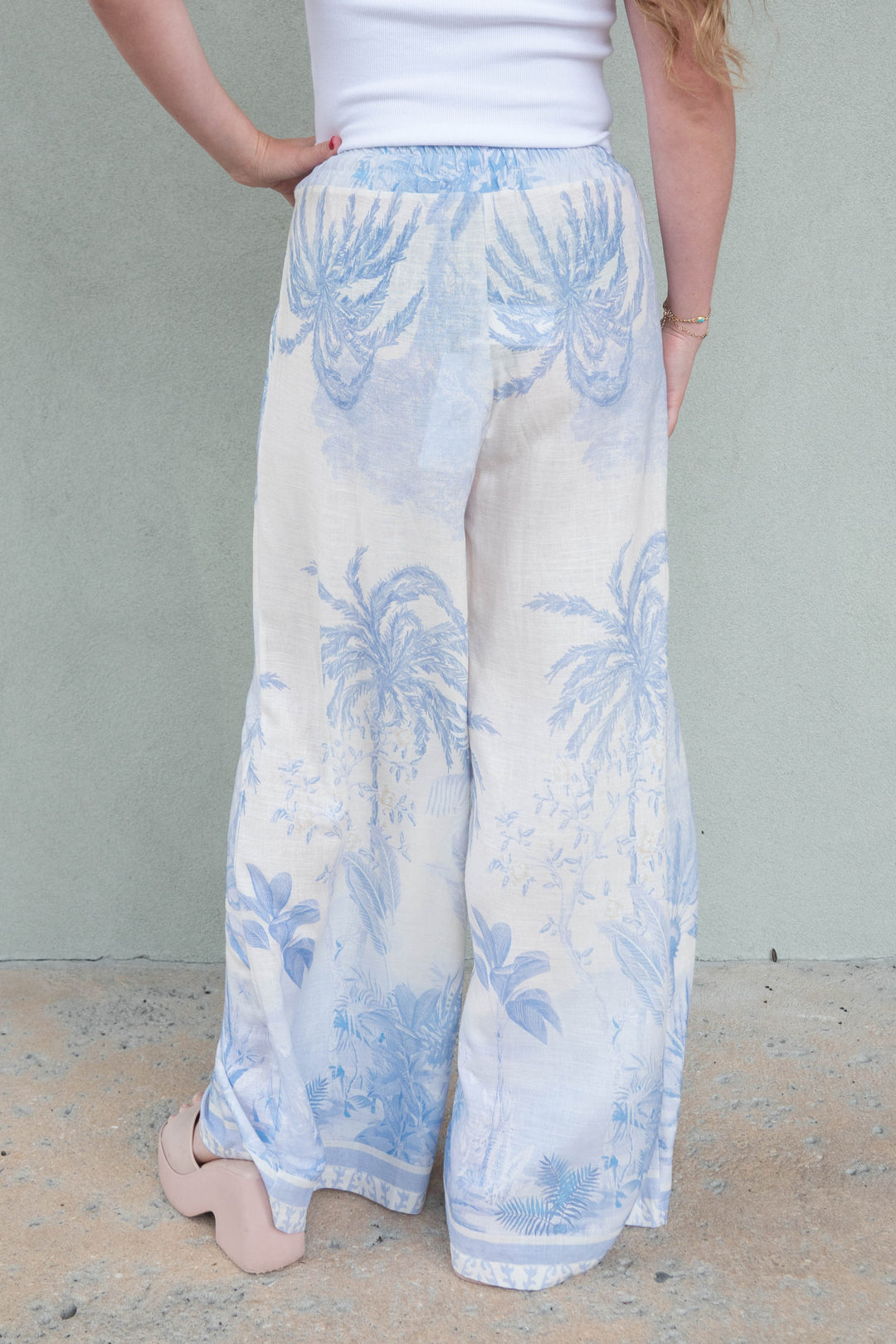 Linen Wide Leg Pant - Tropical Palm Blue