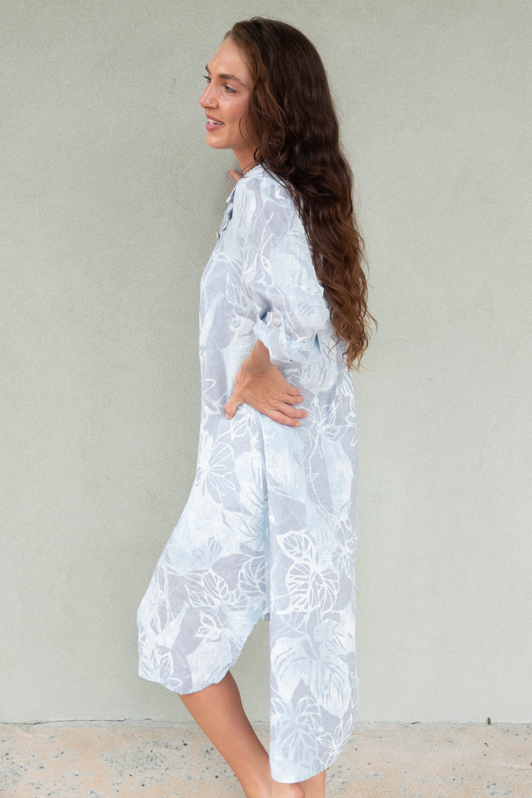 Button Down Lotus Flower Roll Sleeve Tunic - Antique Blue
