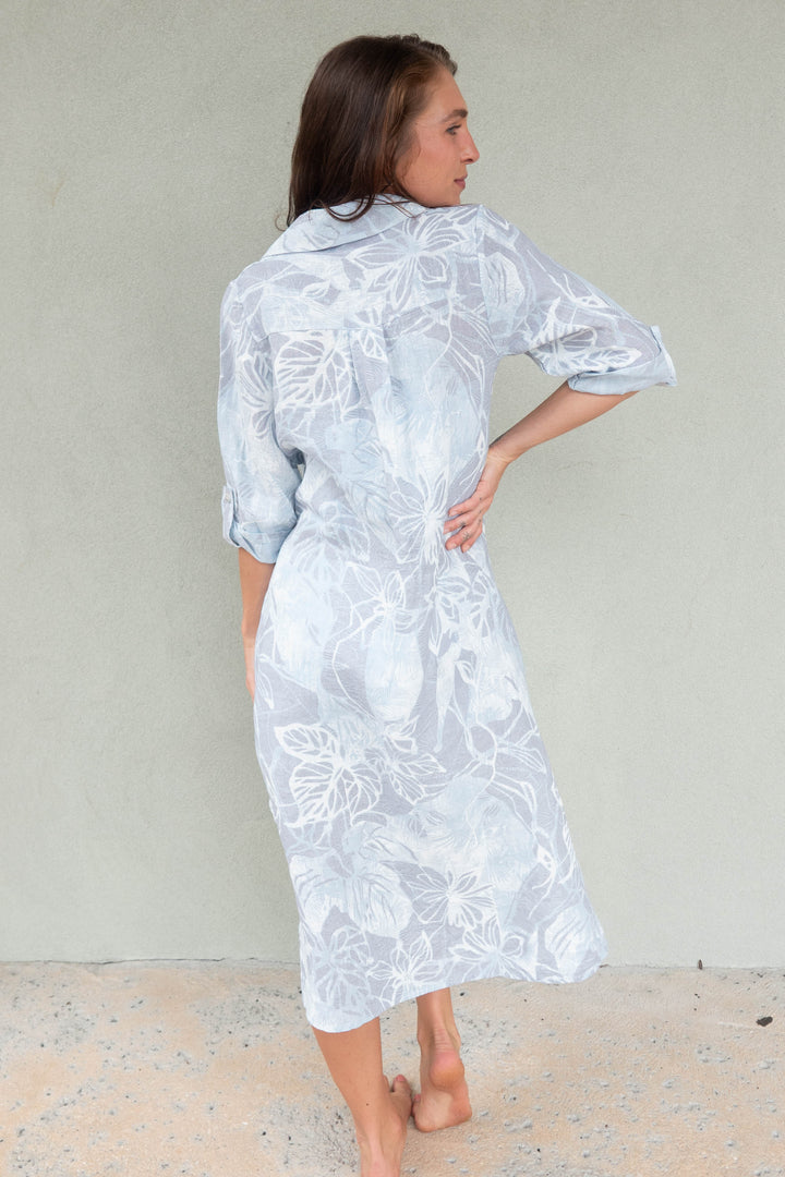 Button Down Lotus Flower Roll Sleeve Tunic - Antique Blue