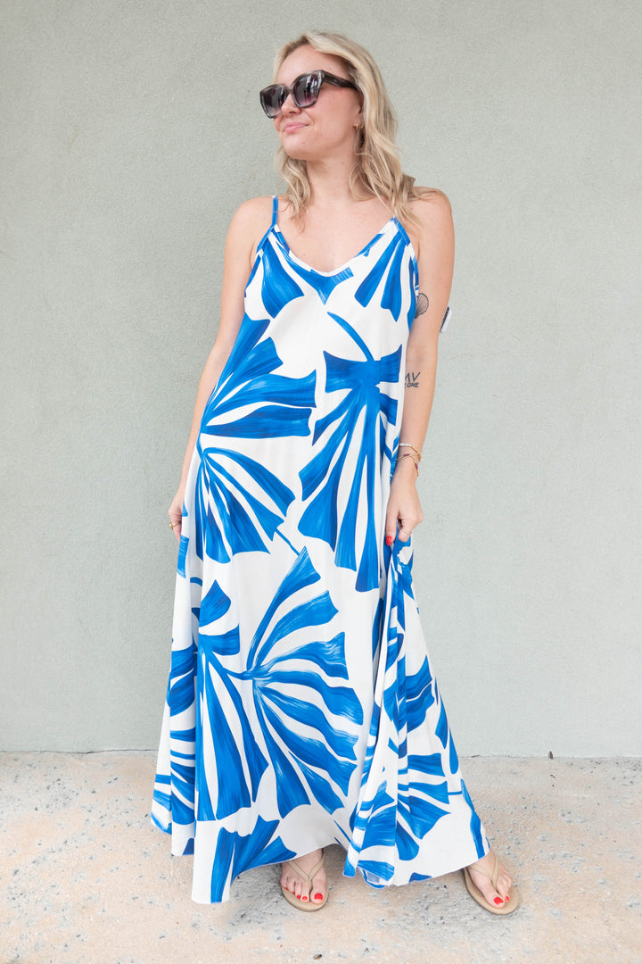 Abstract Leaf Midi Slip Dress - Cobalt Blue