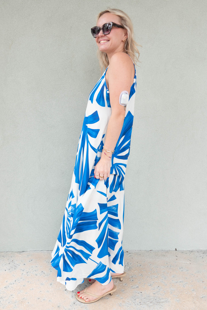 Abstract Leaf Midi Slip Dress - Cobalt Blue