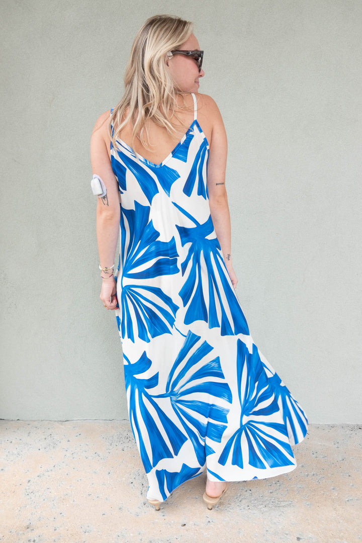 Abstract Leaf Midi Slip Dress - Cobalt Blue