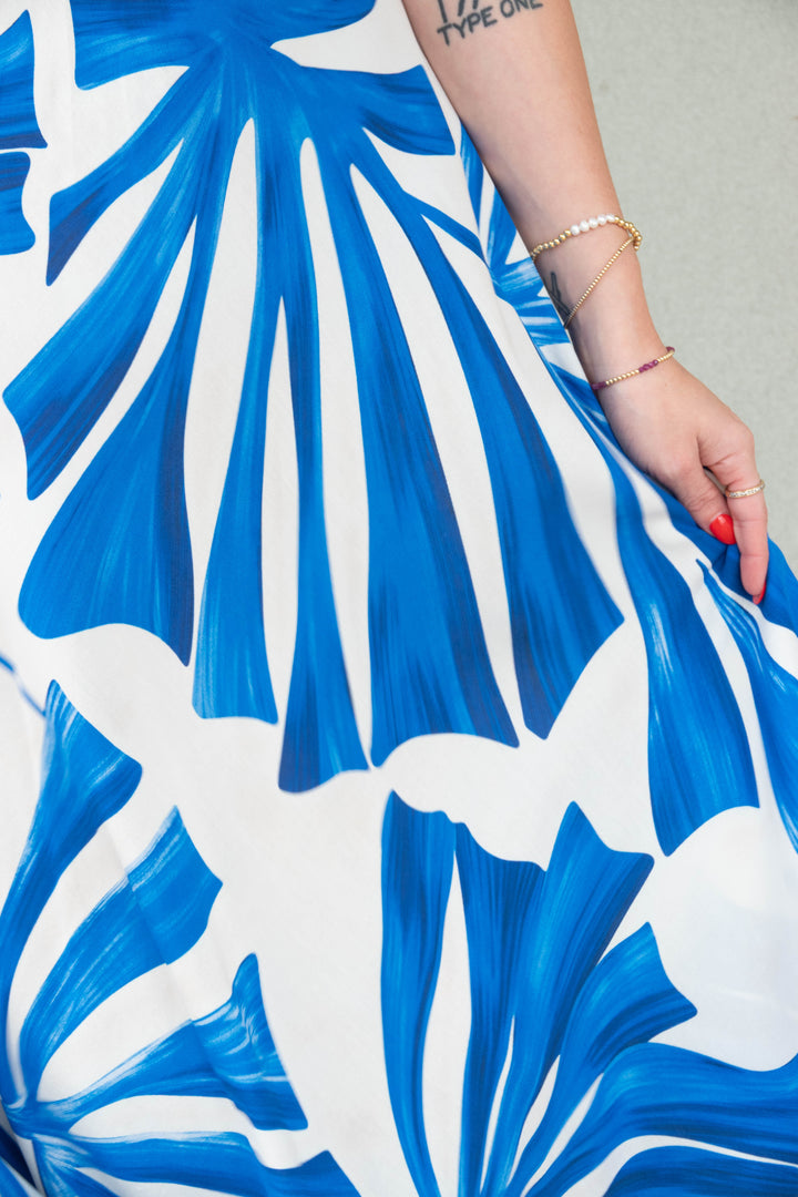 Abstract Leaf Midi Slip Dress - Cobalt Blue