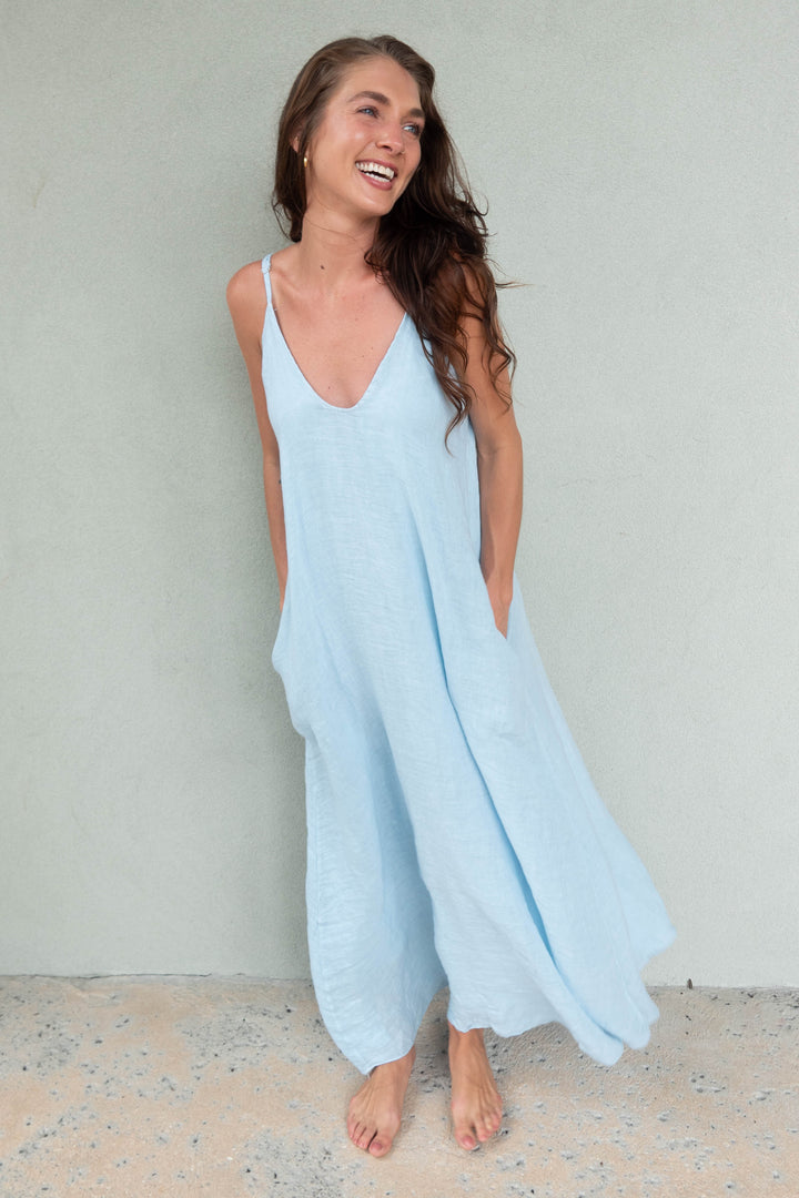 Linen Spaghetti Strap Maxi Dress - Sky Blue