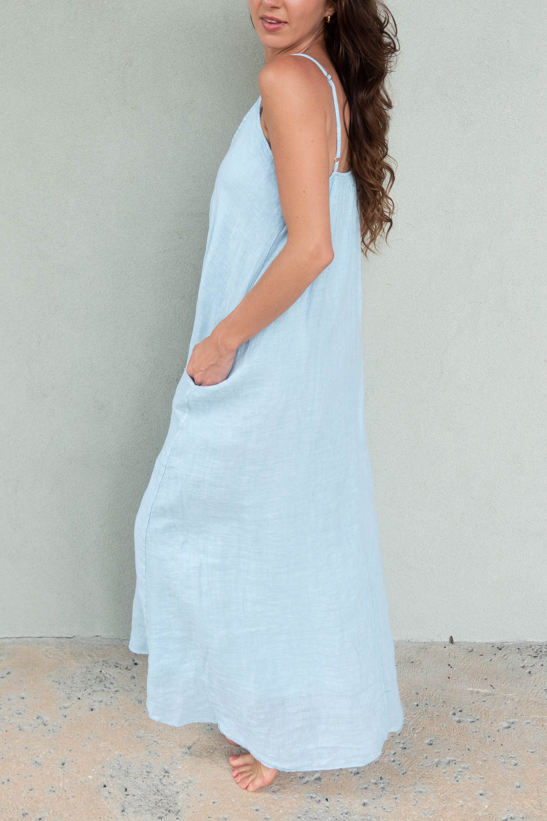 Linen Spaghetti Strap Maxi Dress - Sky Blue