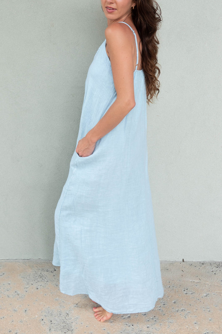 Linen Spaghetti Strap Maxi Dress - Sky Blue