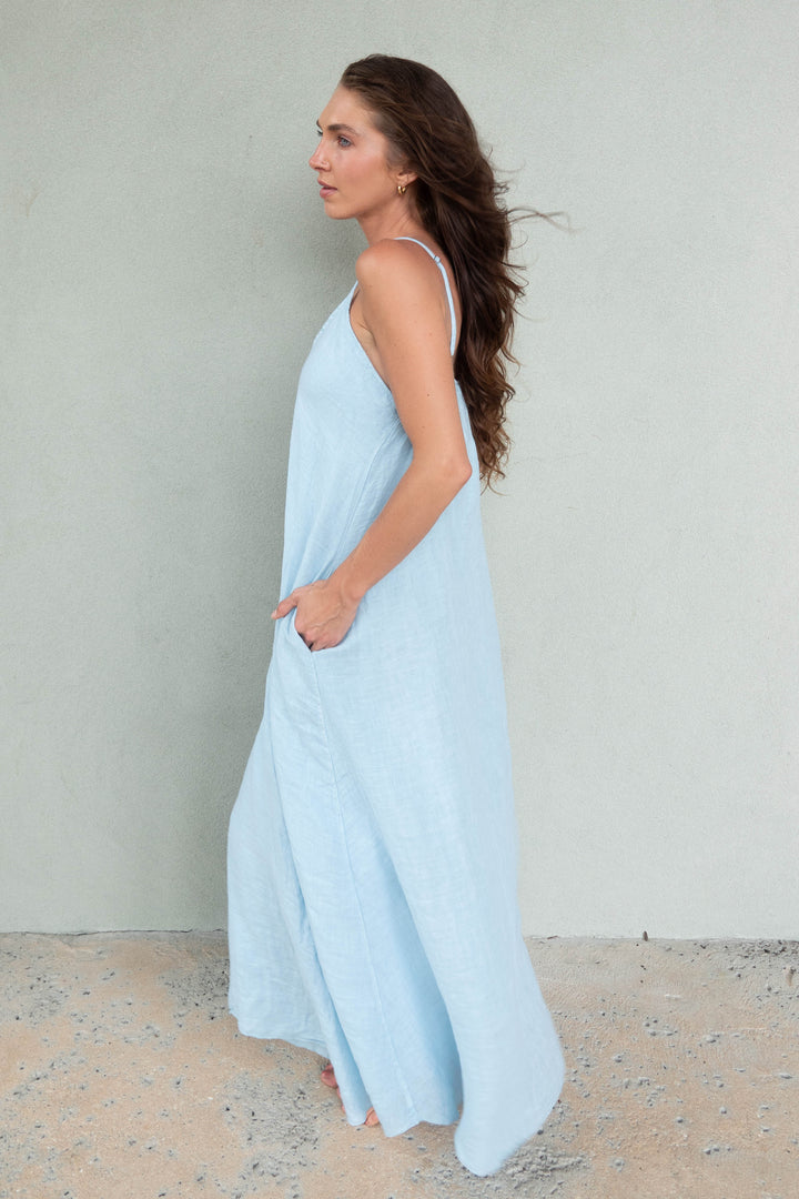 Linen Spaghetti Strap Maxi Dress - Sky Blue