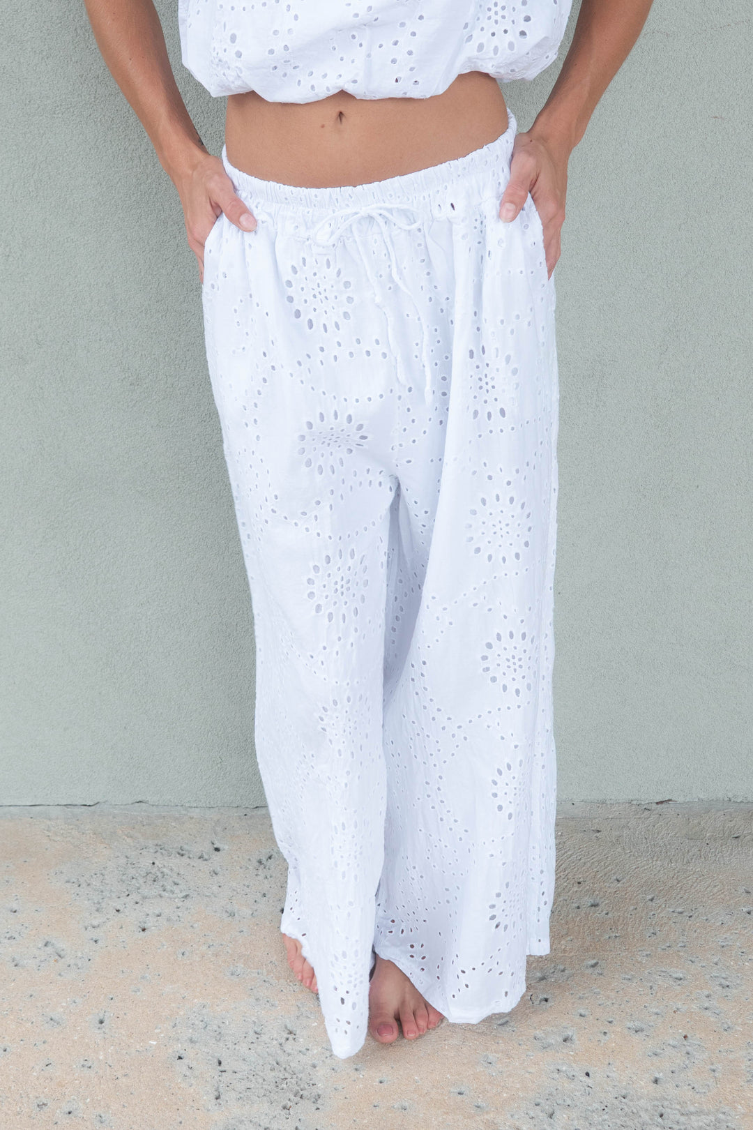 Eyelet Wide Leg Pant - White