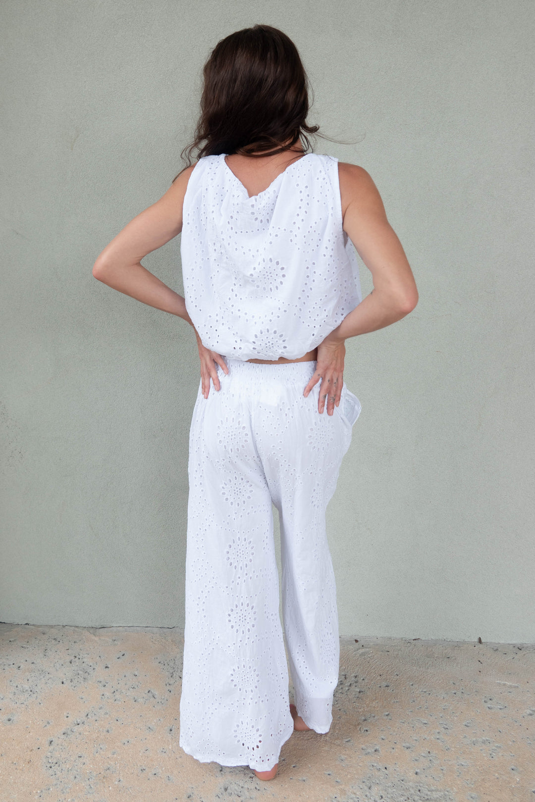 Eyelet Wide Leg Pant - White