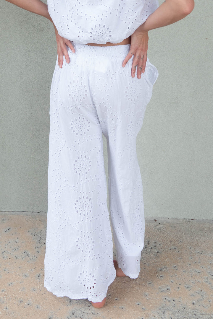Eyelet Wide Leg Pant - White