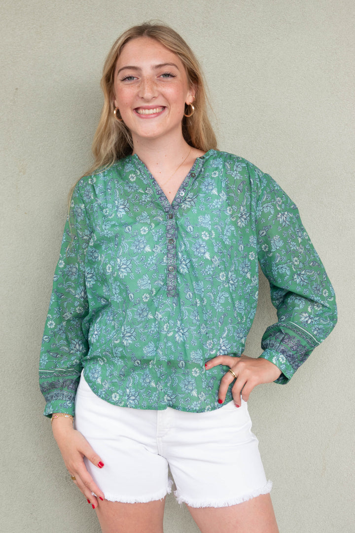 Katrina 3/4 Sleeve Popover Top - Aruba Boarder Print