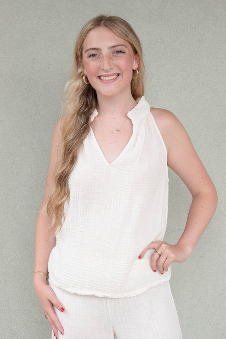Viola Gauze Split Neck Tank - Chalk