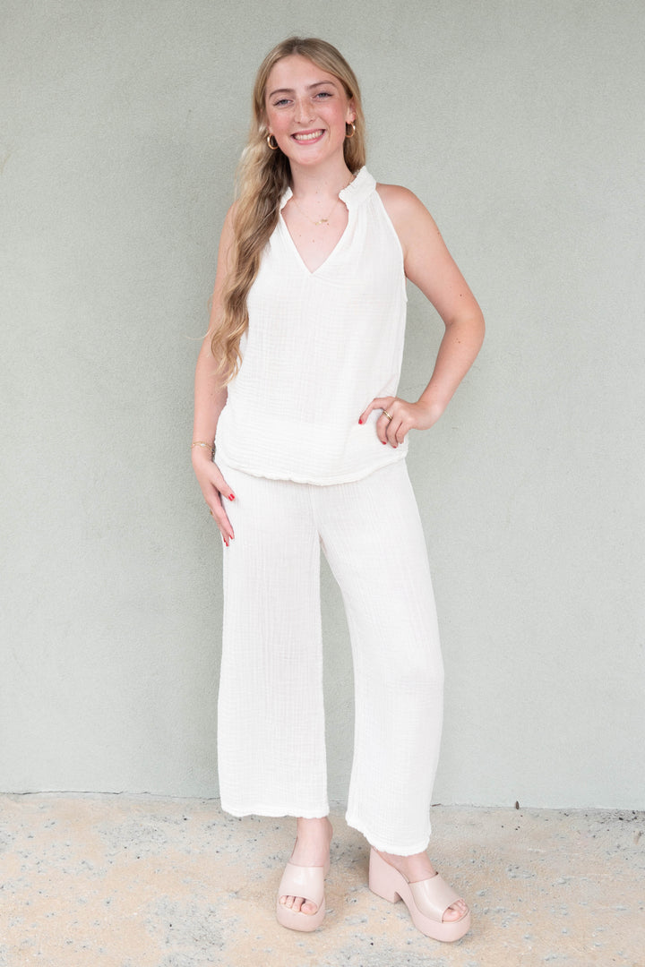 Medina Smocked Waist Cropped Pant - Chalk