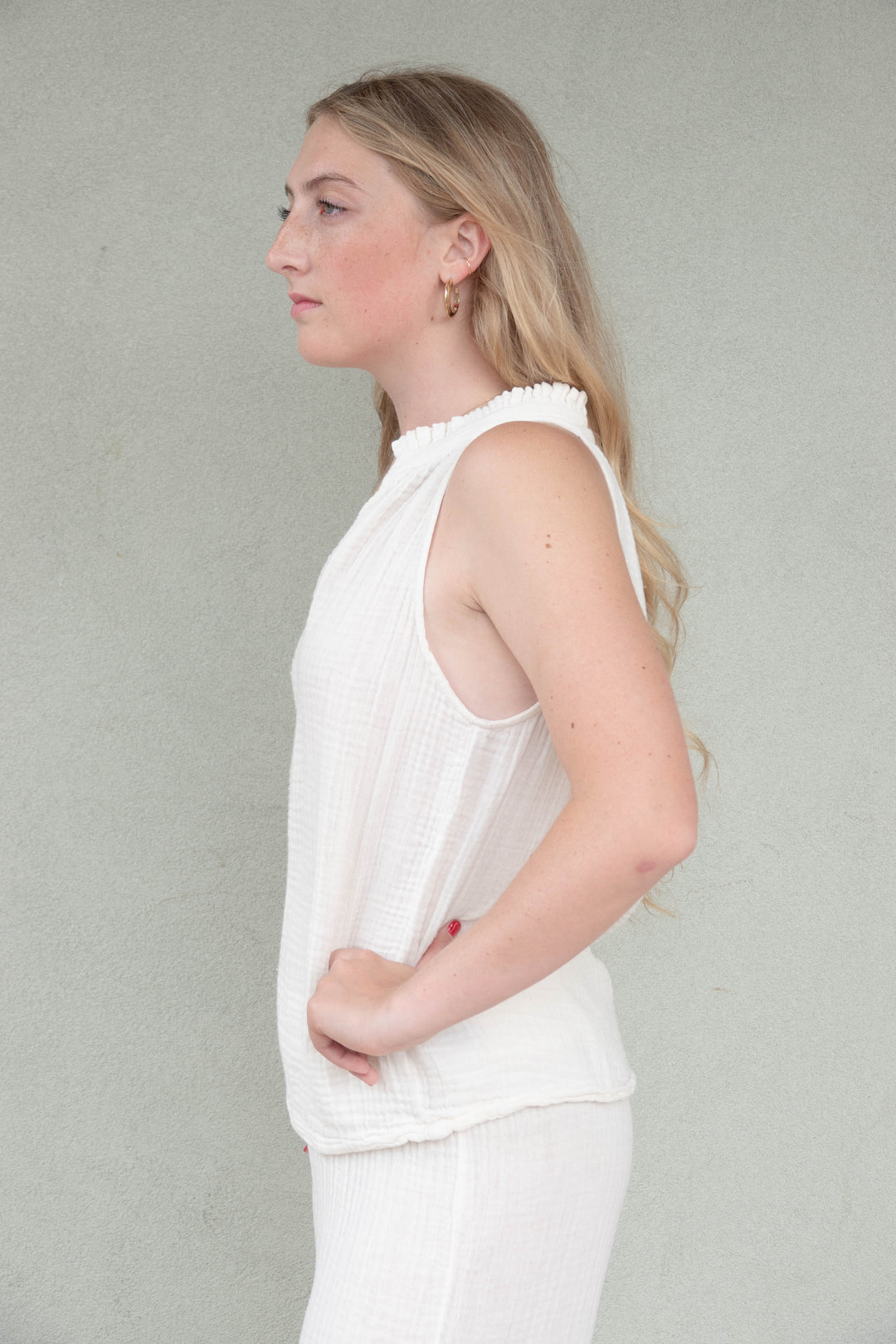Viola Gauze Split Neck Tank - Chalk