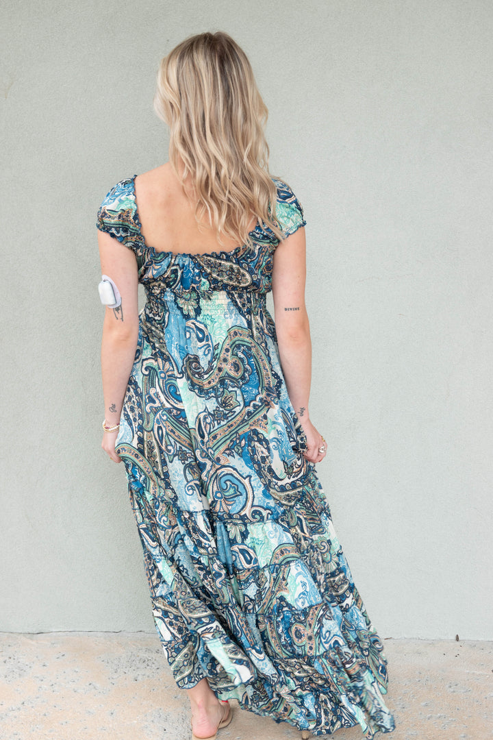 Smocked Sleeve Maxi Dress - Blue/Green Paisley