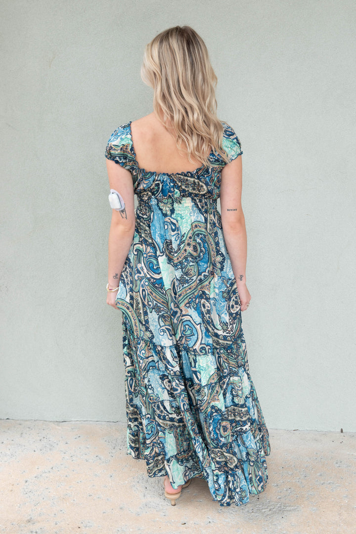 Smocked Sleeve Maxi Dress - Blue/Green Paisley