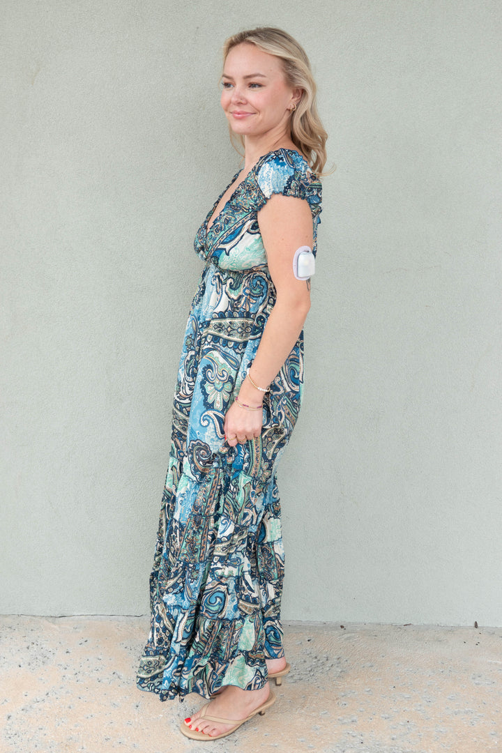 Smocked Sleeve Maxi Dress - Blue/Green Paisley