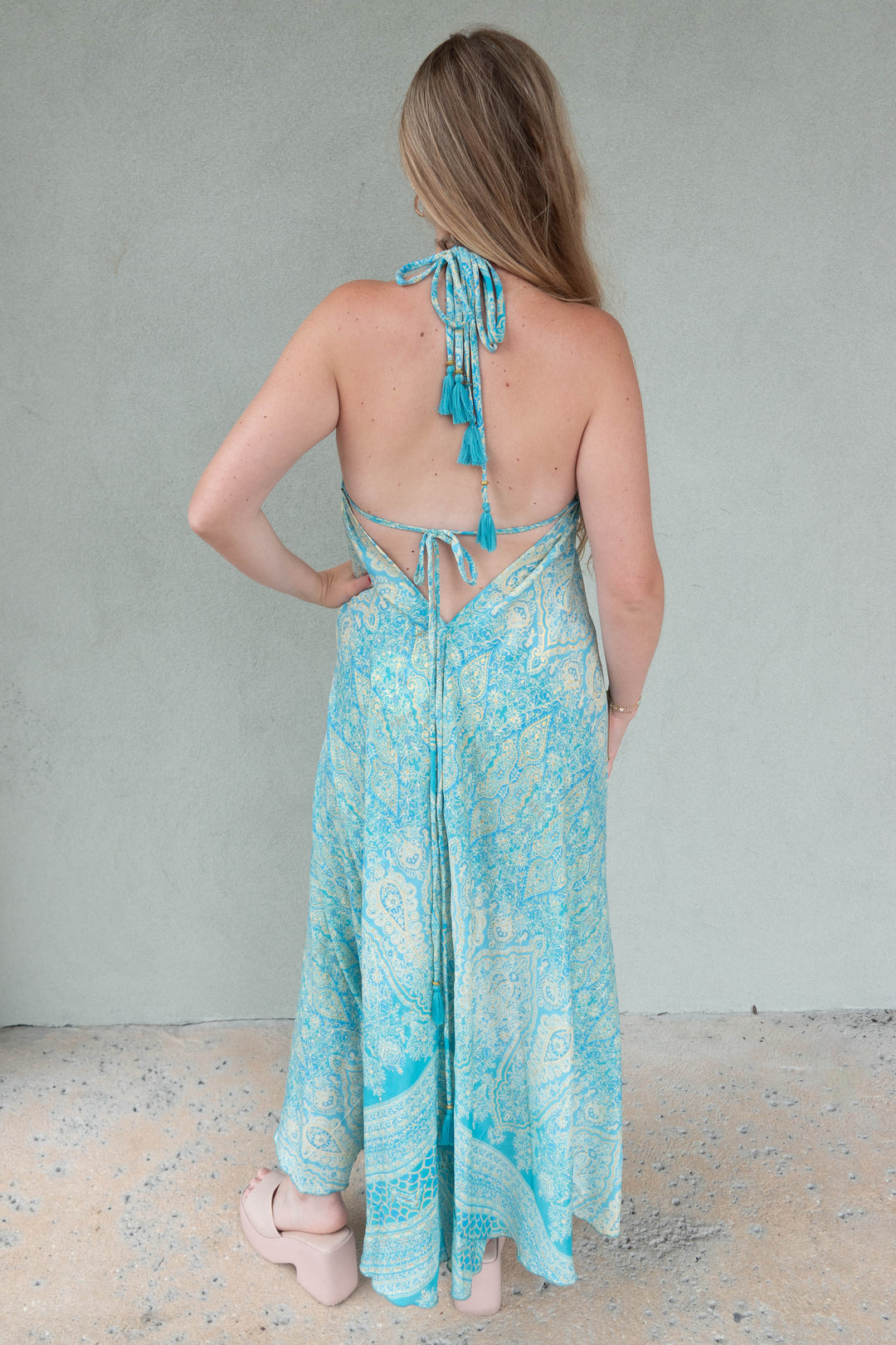 Halter Tie Back Maxi Dress -  Turquoise Gold Foil Paisley