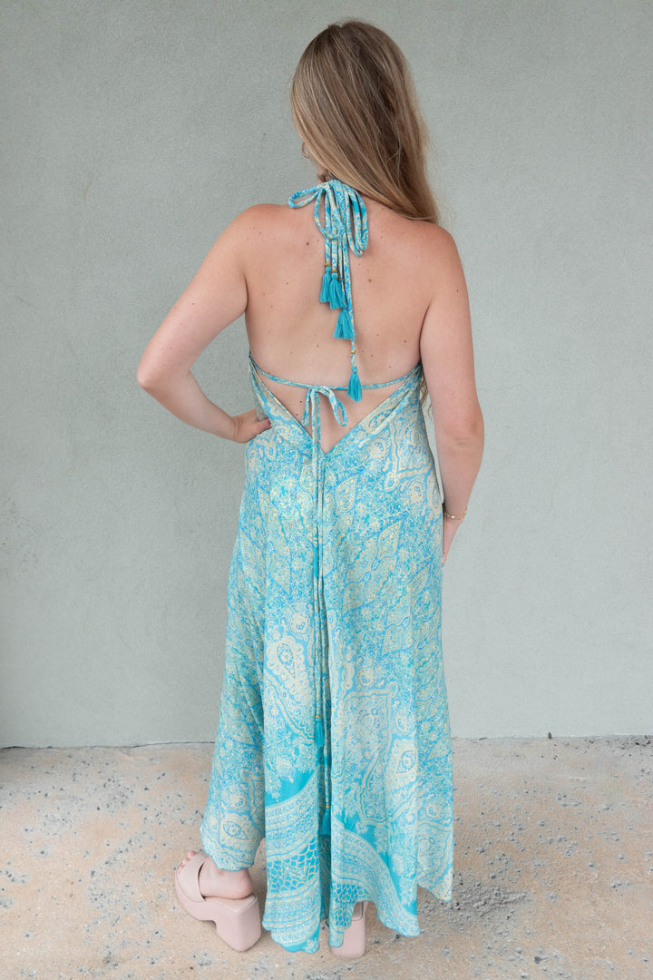 Halter Tie Back Maxi Dress -  Turquoise Gold Foil Paisley