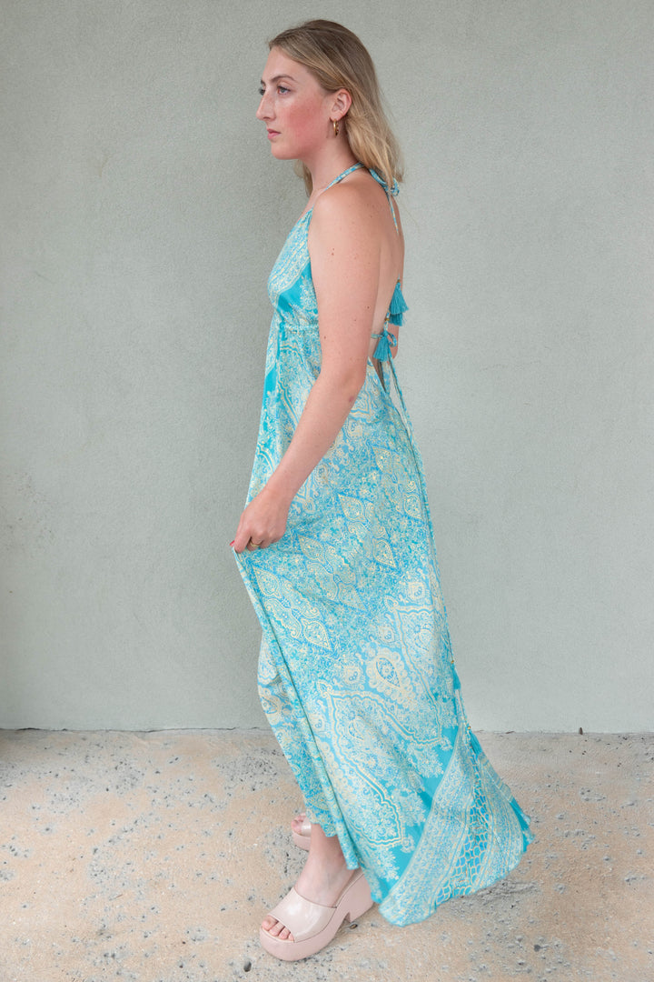 Halter Tie Back Maxi Dress -  Turquoise Gold Foil Paisley