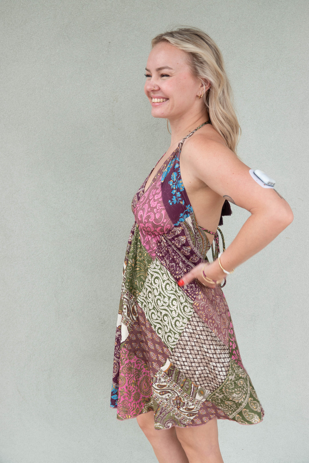 Halter Tie Back Mini Dress - Mauve Patchwork
