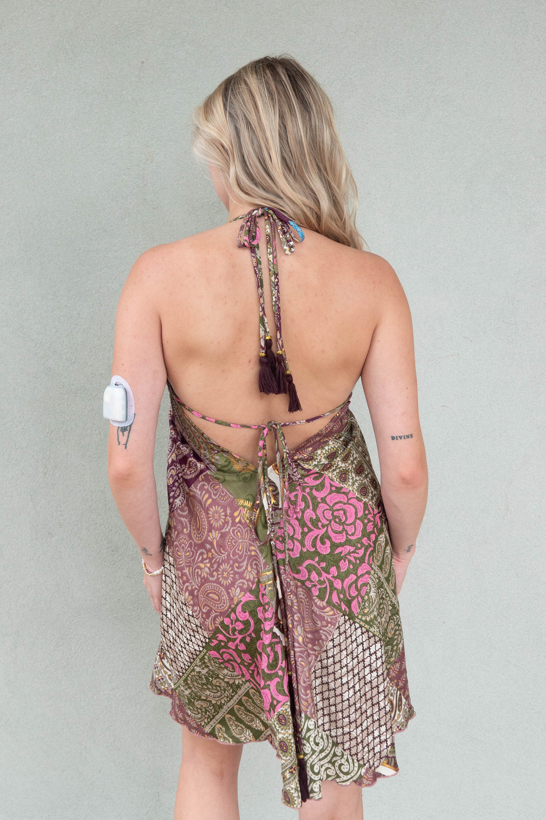 Halter Tie Back Mini Dress - Mauve Patchwork