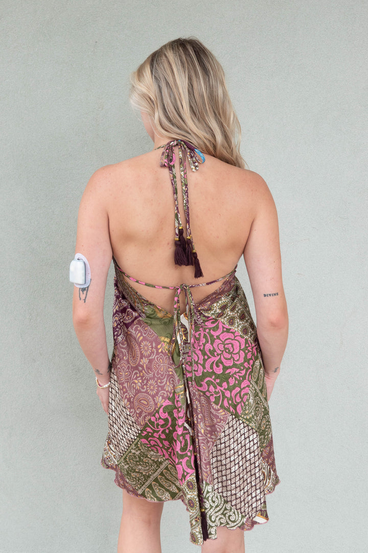 Halter Tie Back Mini Dress - Mauve Patchwork