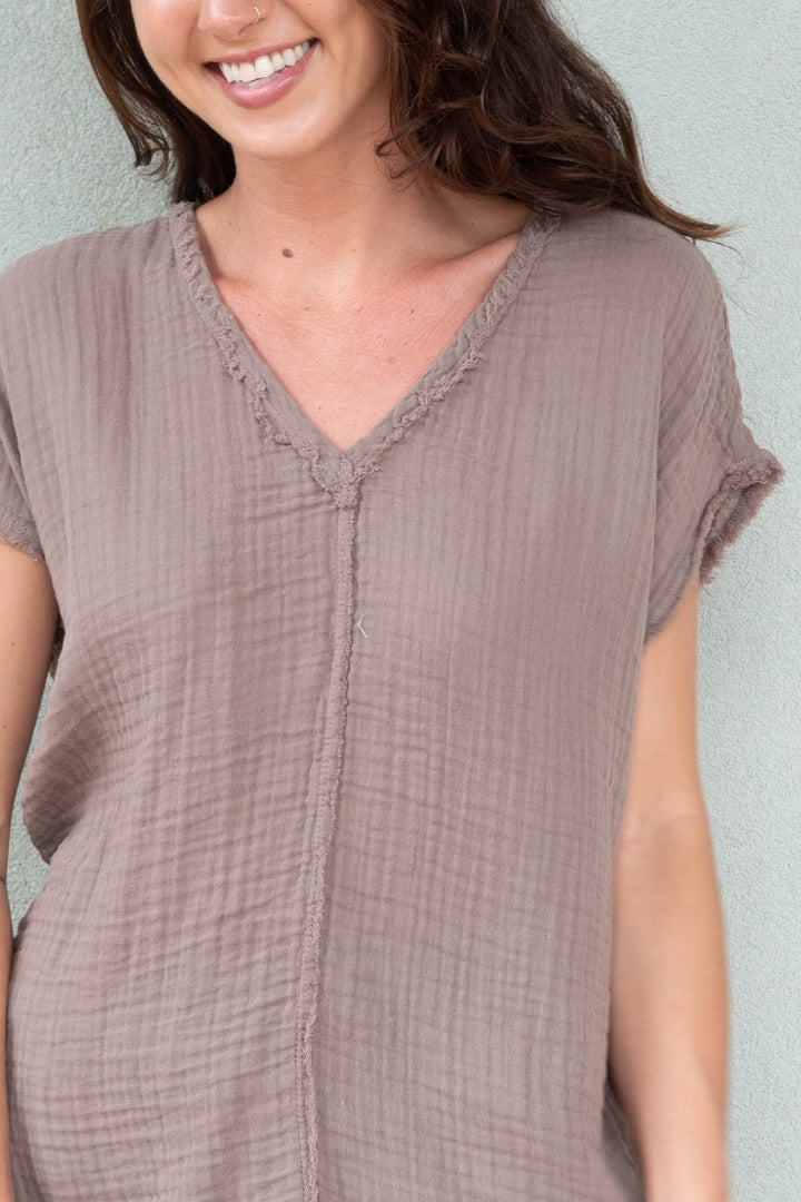 Draya Gauze V Neck Top - Quicksand