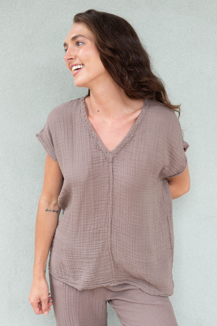 Draya Gauze V Neck Top - Quicksand