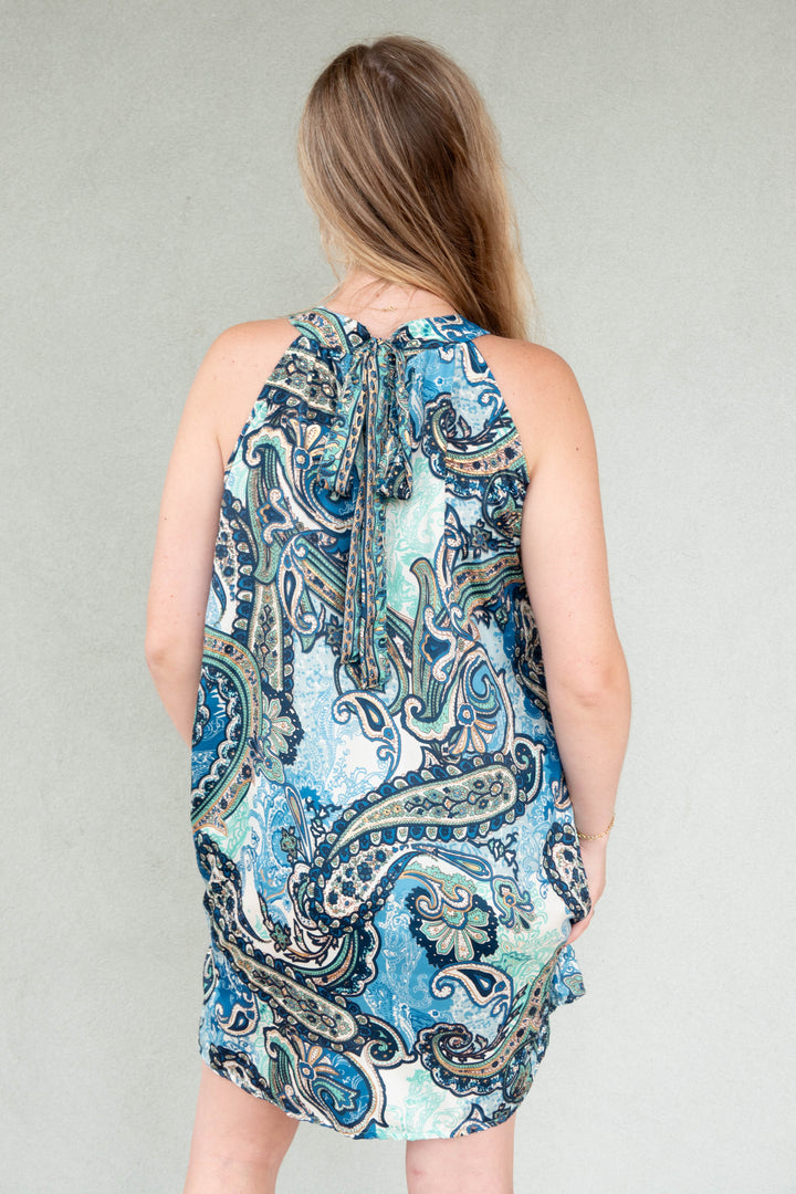 High Neck Swing Mini Dress - Blue/Green Paisley