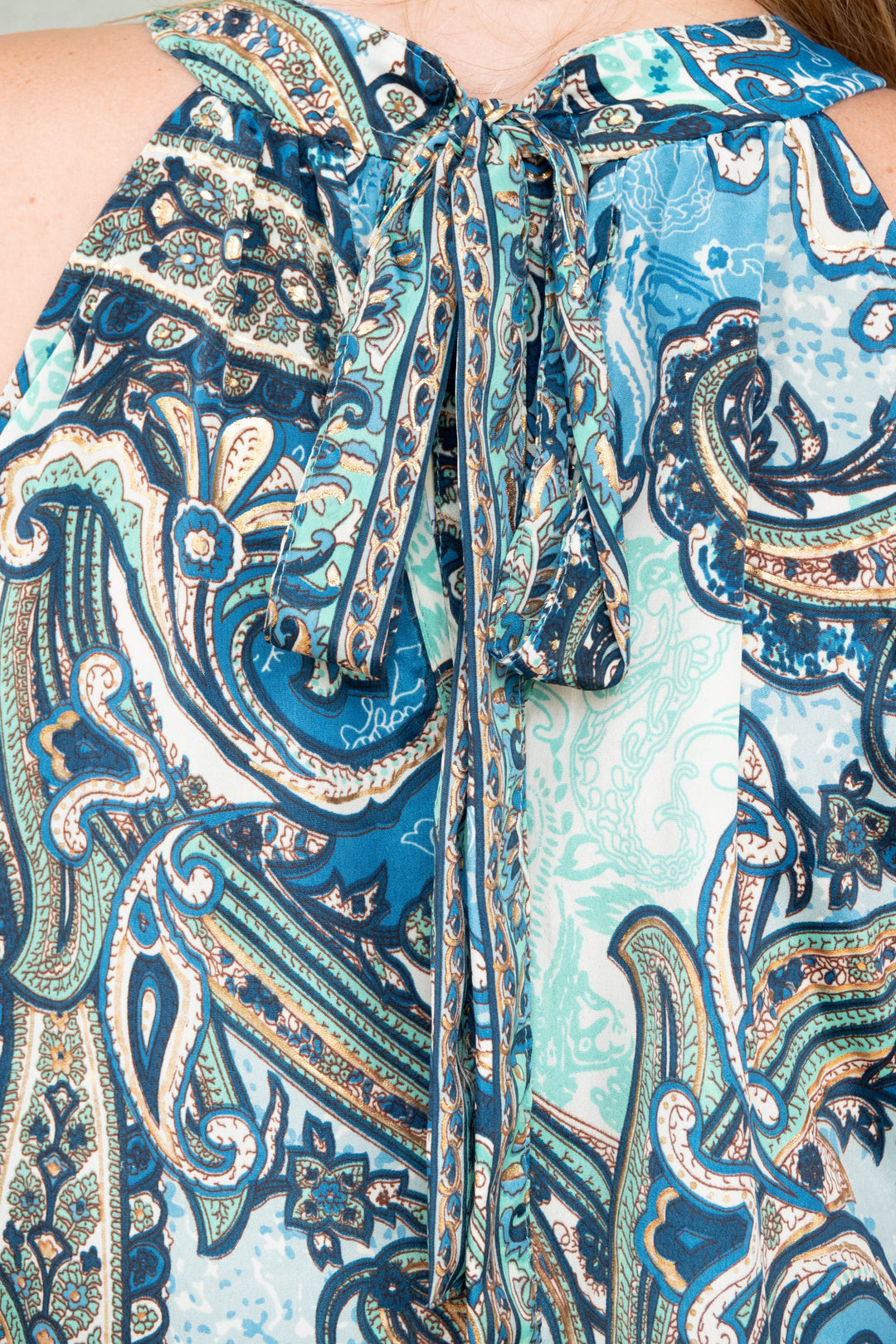 High Neck Swing Mini Dress - Blue/Green Paisley