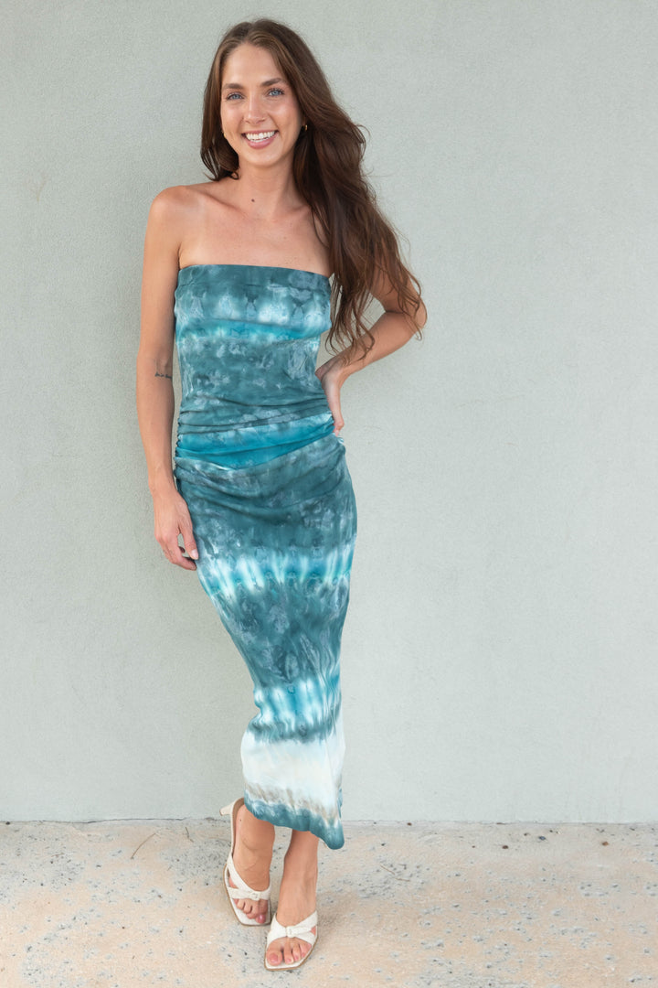 Carla Strapless Midi Dress - Turquoise Terra Wash