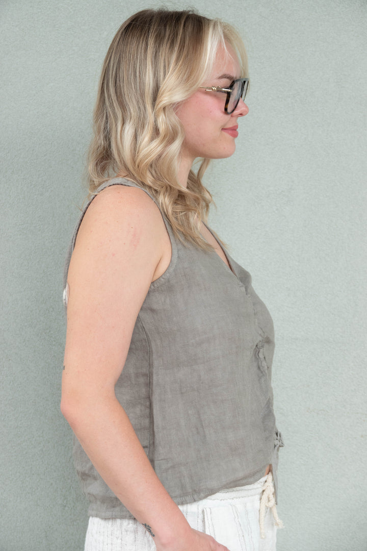 Linen V Neck Ruched Tank - Mocha