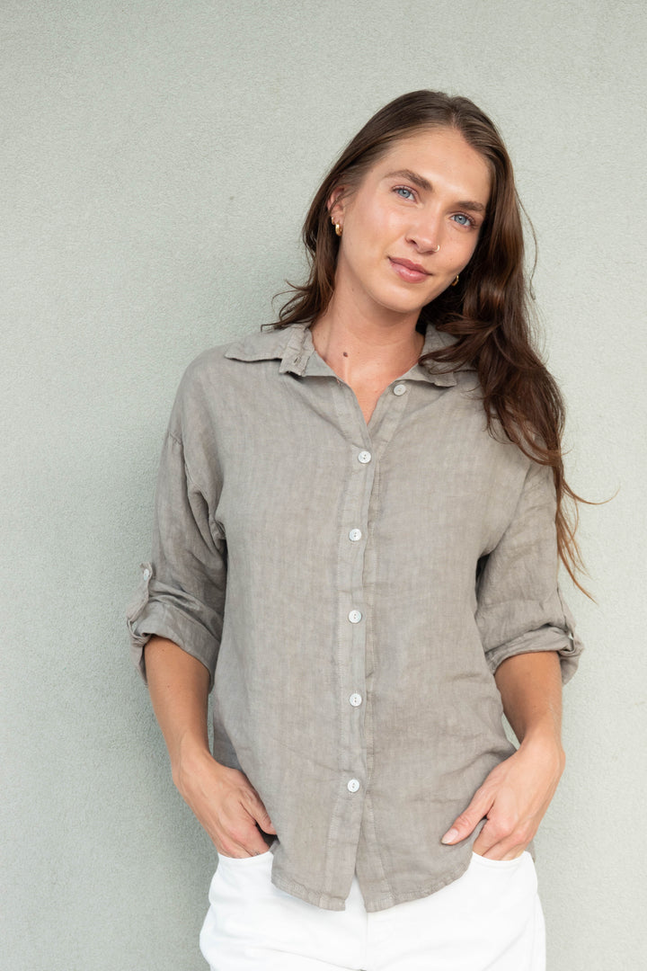 Linen Roll Tab Button Down - Mocha