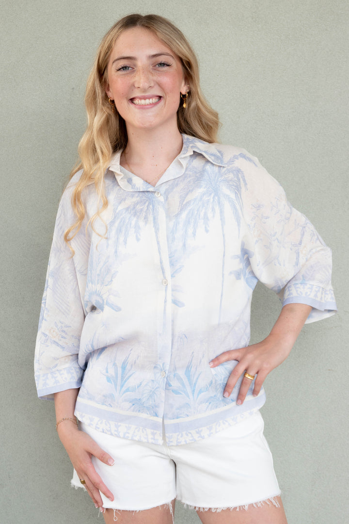 Linen Button Down - Tropical Palm Blue