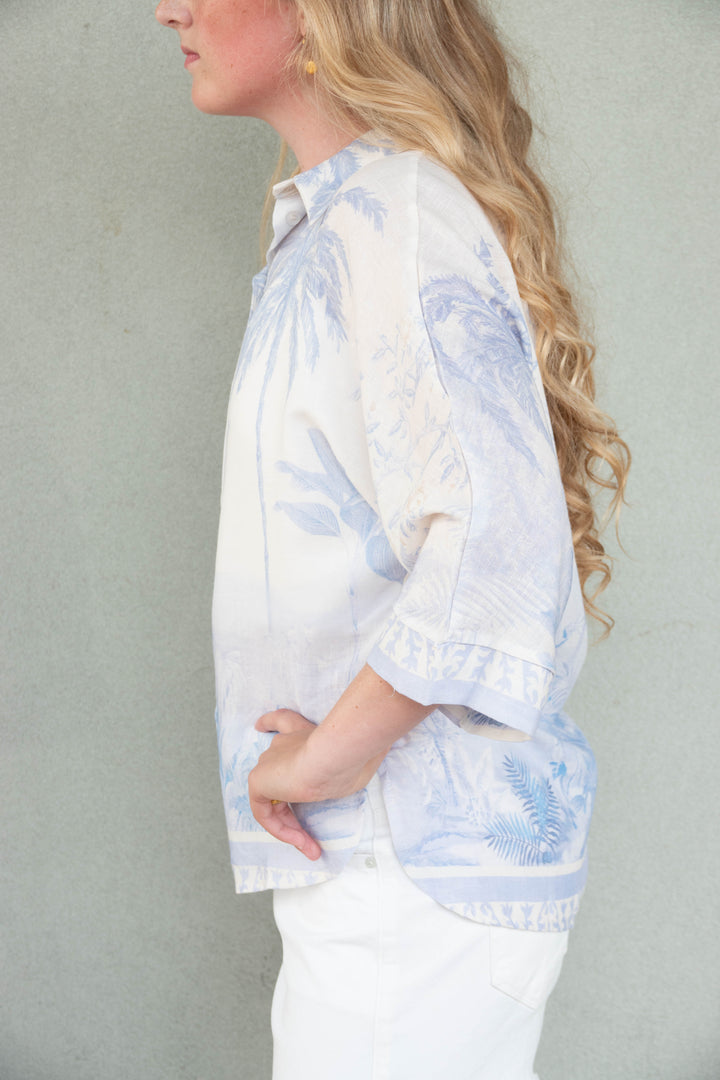 Linen Button Down - Tropical Palm Blue