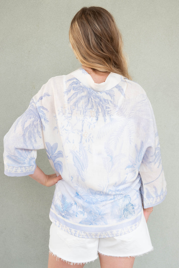 Linen Button Down - Tropical Palm Blue