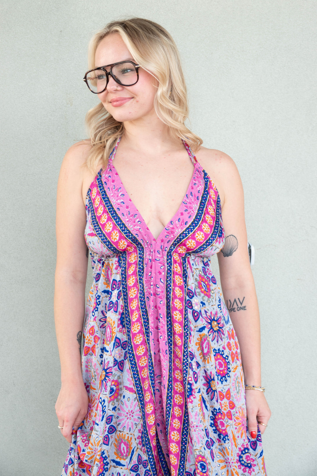 Halter Tie Back Maxi Dress - Multi Gold Foil Floral