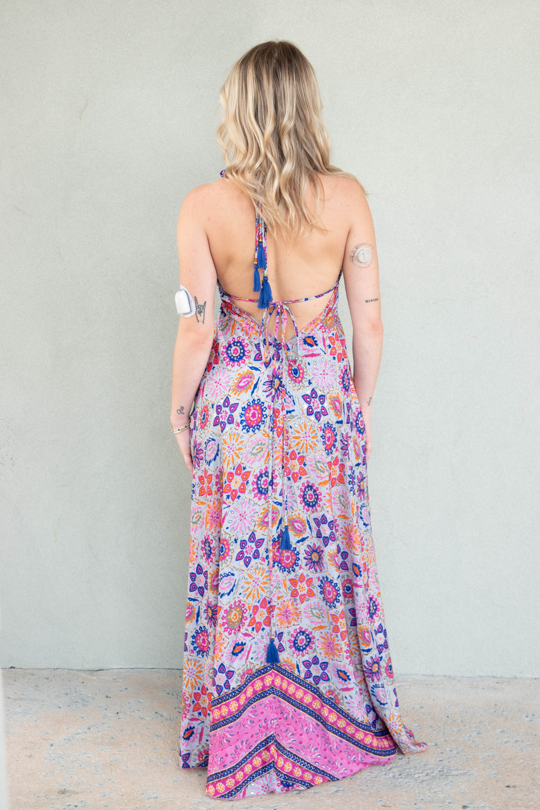 Halter Tie Back Maxi Dress - Multi Gold Foil Floral
