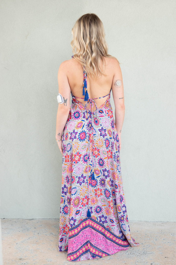 Halter Tie Back Maxi Dress - Multi Gold Foil Floral